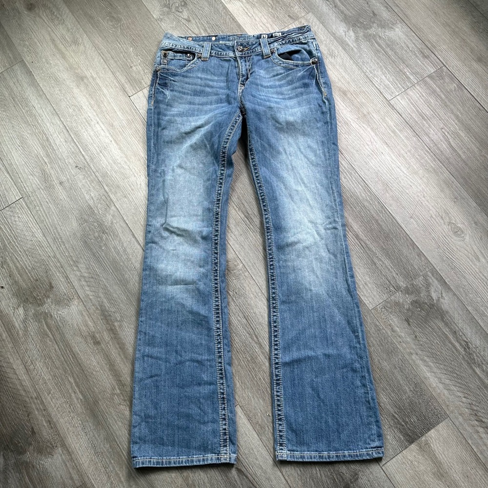 Miss Me Bootcut Jeans Size 31 Embellished Cross Pockets Medium Wash Y2K lowrise - Picture 4 of 8